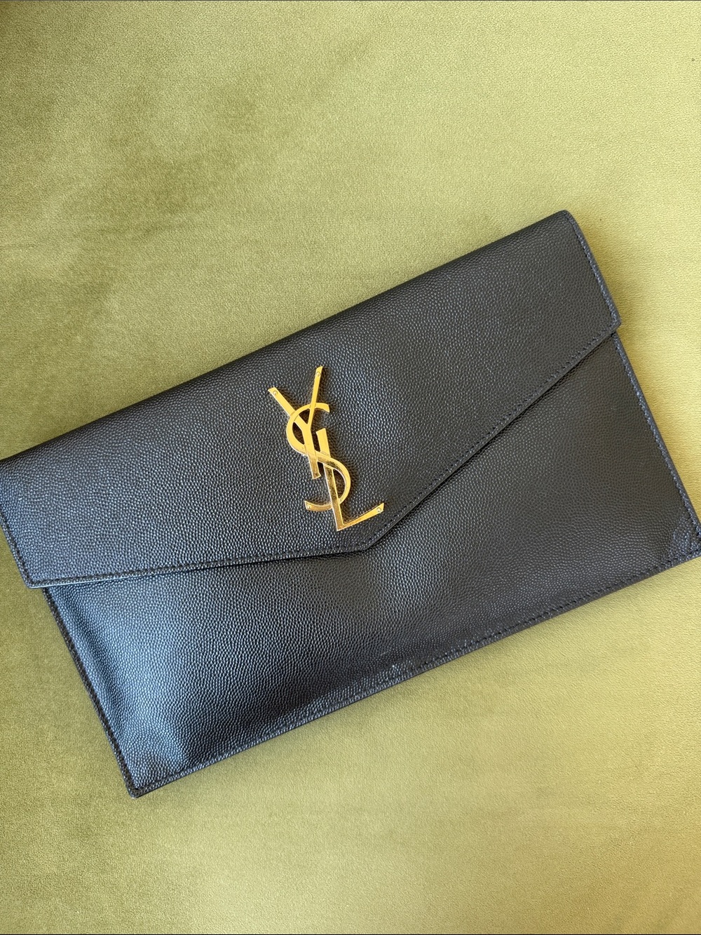 Saint Laurent Black Leather Envelope Clutch with Gold YSL Hardware